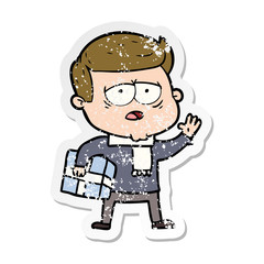 distressed sticker of a cartoon tired man
