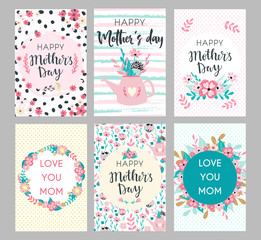 Fototapeta na wymiar Set of Mothers day greeting cards. Collection of textured delicate Happy Mother's day greeting cards with flowers and wreaths