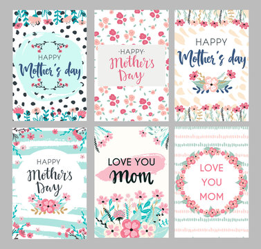 Set Of Mothers Day Greeting Cards. Collection Of Textured Delicate Happy Mother's Day Greeting Cards With Flowers And Wreaths