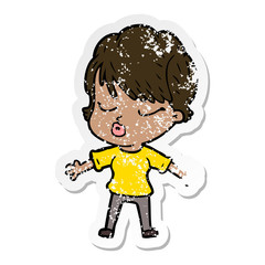 distressed sticker of a cartoon woman with eyes shut