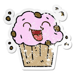 distressed sticker of a quirky hand drawn cartoon happy muffin
