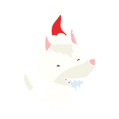 flat color illustration of a hungry wolf wearing santa hat