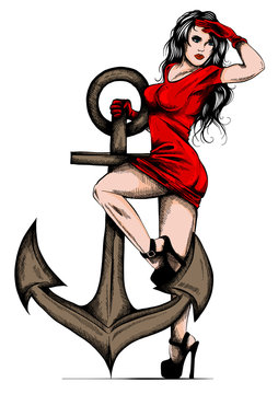 pin up girl who is held in an anchor