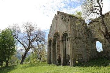 Fototapeta na wymiar Ruins of old Tibetan Monastery and church in Cevizli village, Savsat, Artvin, Turkey 