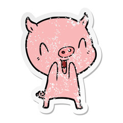 distressed sticker of a happy cartoon pig