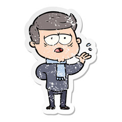 distressed sticker of a cartoon tired man