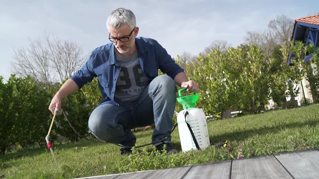 Man using garden sprayer on lawn in backyard