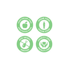 Vegan, vegetarian, cruelty free and non animal derived vector label set. Food ingredients badge stickers.