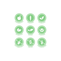 Bio, vegan, organic food vector label set. Gmo free, vegetarian and preservatives free food circle badge stickers.