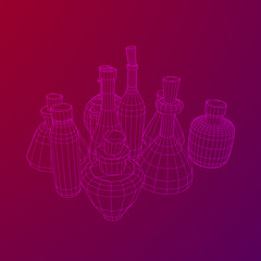 Different wine bottles. Model wireframe low poly mesh vector illustration