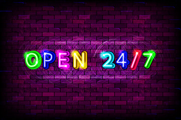 Open 24 7 hours sign on brick wall background
