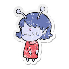 distressed sticker of a cartoon alien girl