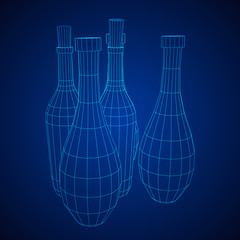 Different wine bottles. Model wireframe low poly mesh vector illustration