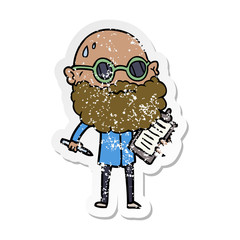 distressed sticker of a cartoon worried man with beard and sunglasses taking survey