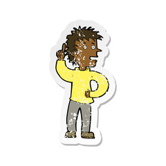 retro distressed sticker of a cartoon boy with idea