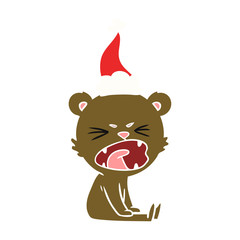 angry flat color illustration of a bear wearing santa hat