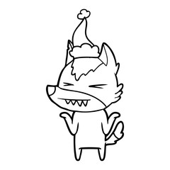 angry wolf line drawing of a wearing santa hat