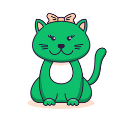 Cute green cat, cartoon linear art, animal sketch. Vector illustration of little smile kitten girl in pink bow on her head, flat outline style, isolated on white background