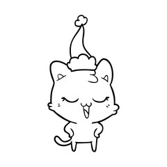 happy line drawing of a cat wearing santa hat