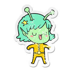 distressed sticker of a happy alien girl cartoon