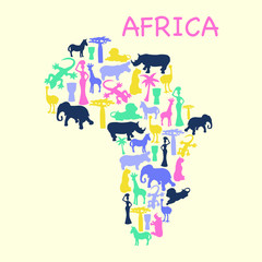 african continent map banner with african symbols silhouette