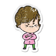 distressed sticker of a cartoon frustrated woman
