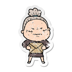 distressed sticker of a cartoon annoyed old lady