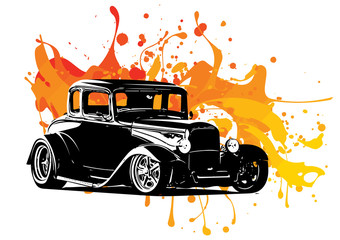 vintage car drawing with colored ink splashes