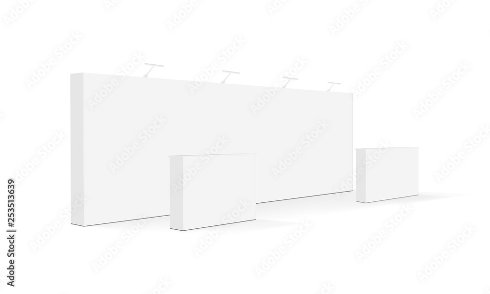 Poster blank trade show booth or event display stand with tables isolated on white background. vector illus