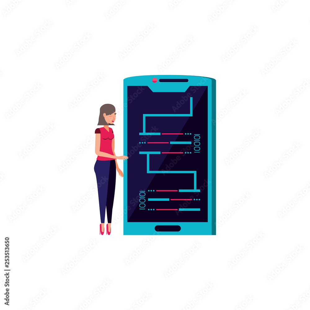 Poster woman and smartphone with code binary