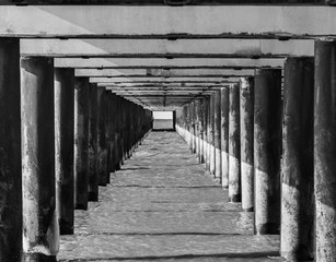 View under marine pier in resort city of Palanga.