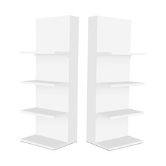 Blank display stand with shelves mockup isolated on white background - side view. Vector illustration