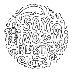 Say no to plastic. Round lettering composition with ocean animals. 