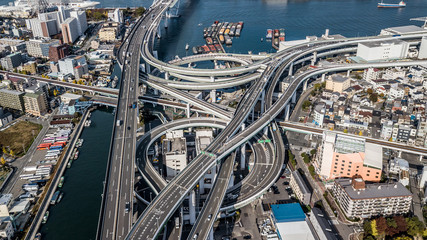 Aerial view interchange highway and overpass in city of Osaka City, Osaka, Kansai, Japan