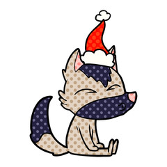 comic book style illustration of a wolf whistling wearing santa hat