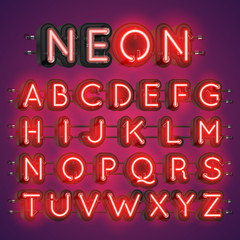 Realistic neon font with wires and console, vector illustration