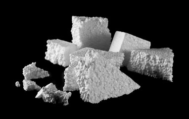 Crumbled styrofoam isolated on black background