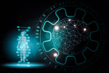 abstract background technology concept in blue light,brain and human body technology modern medical science in future and global international medical 