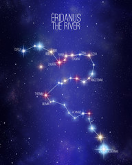 Eridanus the river constellation on a starry space background with the names of its main stars. Relative sizes and different color shades based on the spectral star type. © Matthieu