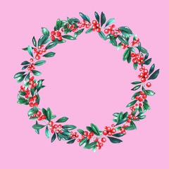 berries wreath on the pink
