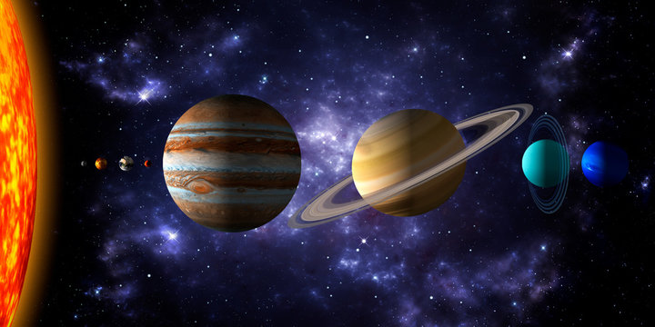 Sun and the eight planets of the solar system with deep space and dramatic nebula background.. Realistic 3d illustration of the rendering of the planets size. No text.