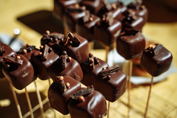 Chocolate cakes on a stick at a party.