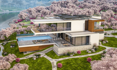 3d rendering of modern cozy house by the river with garage. Fresh spring day with a blooming garden. For sale or rent with flowers of sakura on background.