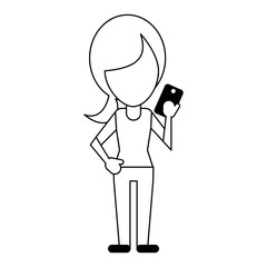 Woman with smartphone avatar cartoon in black and white
