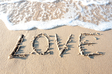 Love letter on sea beach sand dissolved away by wave