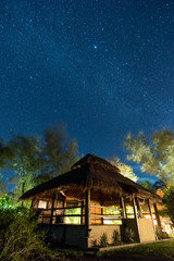 The night sky over a yoga shed on the Gili islands, Indonesia