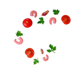 Cherry tomatoes, shrimps and parsley isolated on white