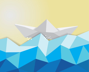 Boat origami in the sea polygon design.