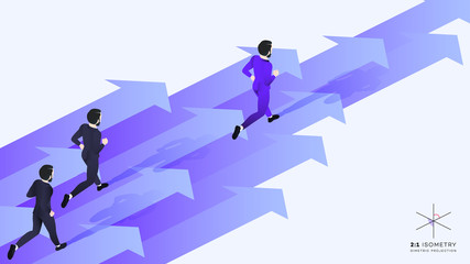 3d Businessman Run Ahead of the team. Conceptual Isometric Leadership Vector Illustration.