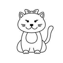 Cute cat, cartoon linear art, animal sketch. Vector illustration of little smile kitten, black outline style, isolated on white background Coloring book template for children.